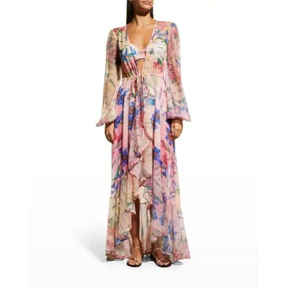 Patbo Dresses & Skirts - PATBO Womens Dress XS Pink Iris Floral Crochet Robe Tie Front Cascading Sheer
